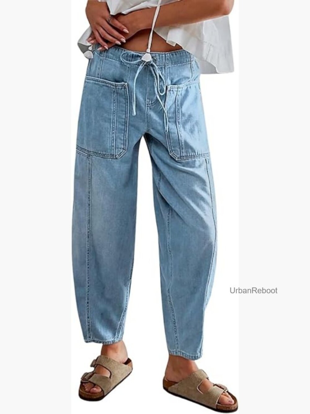 Casual Loose Cropped Denim Bloomers Elastic Waist with Pockets